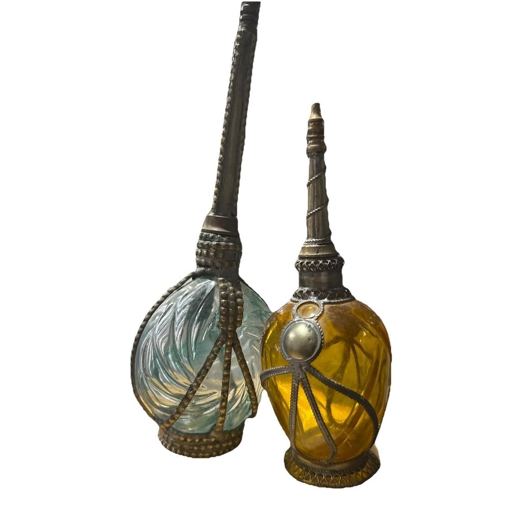 Vintage Moroccan Perfume Bottles Metal Filigree Glass Blue Amber‎ Set of 2 AS IS